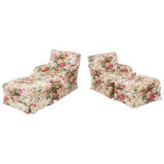 Pair of Chintz Upholstered Armchairs with Ottomans