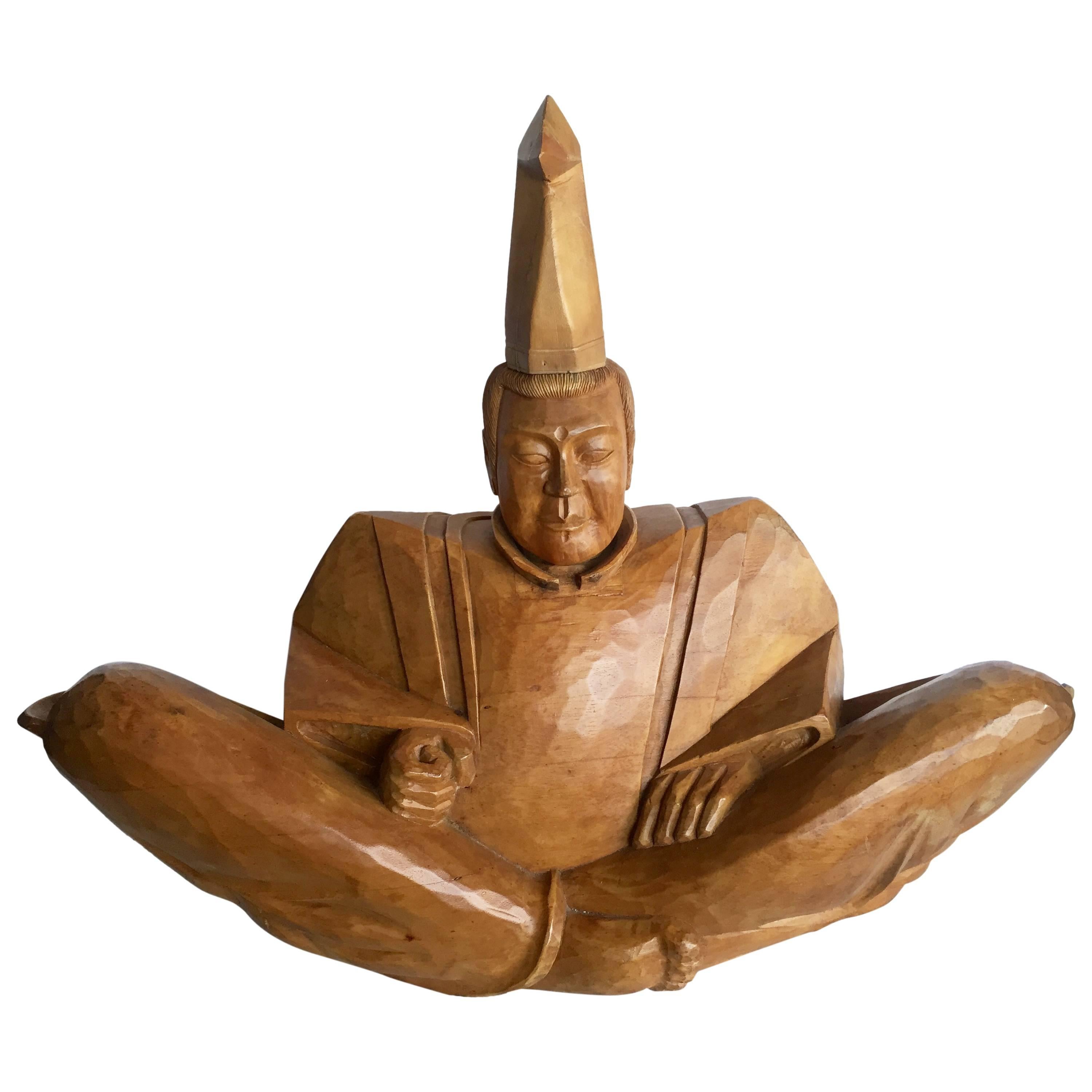 Hand-Carved Seated Japanese Man Sculpture