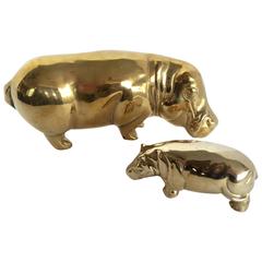 Polished Brass Mummy and Baby Hippos