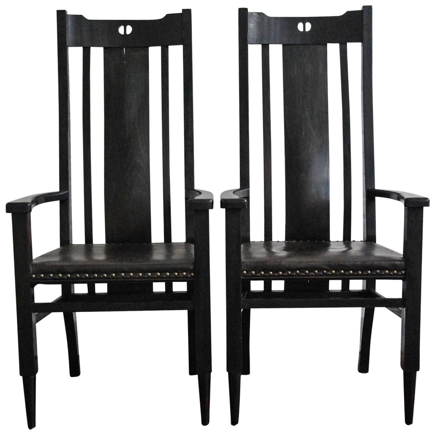 Pair of Ebonized Oak and Leather Highback Arts & Crafts Style Chairs, circa 1980 For Sale