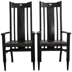 Vintage Pair of Ebonized Oak and Leather Highback Arts & Crafts Style Chairs, circa 1980