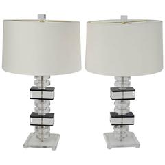 Pair of Vintage French Midcentury Stacked Lucite Lamps