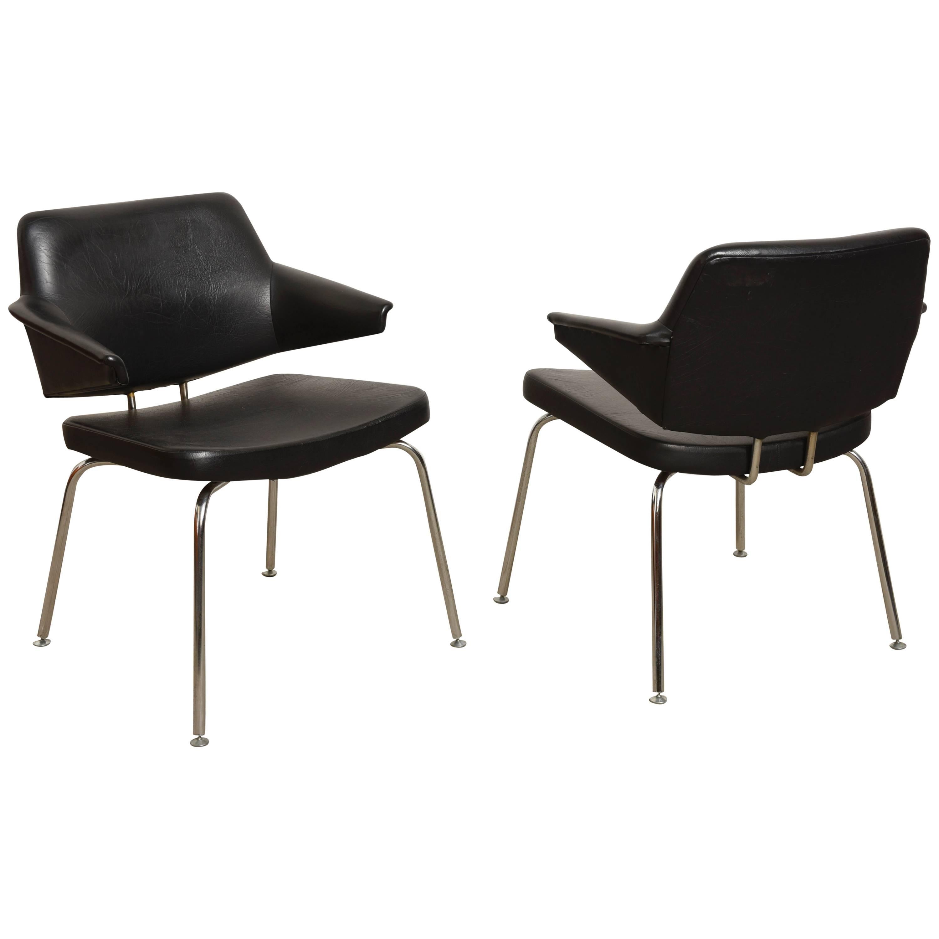 Black Leather Armchairs Designed by Pierre Paulin