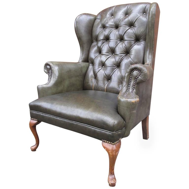 Queen Anne Tufted Leather Wingback Chair at 1stdibs
