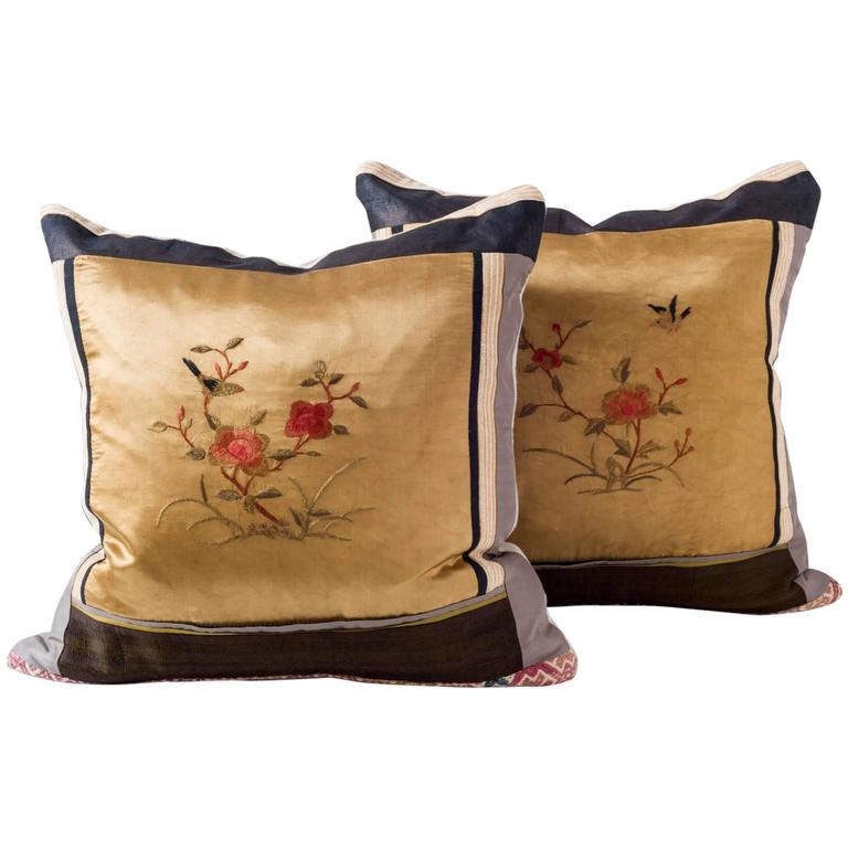 Pair of Vintage Silk on Silk Chinese Embroidery Piecework Pillow at 1stdibs