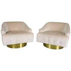 Glamorous Ecru Velvet Lounge Chairs with Polished Bronze Bases, 1970s
