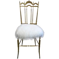 Italian Mid-Century Brass Chiavari Chair Upholstered in Lambs Wool
