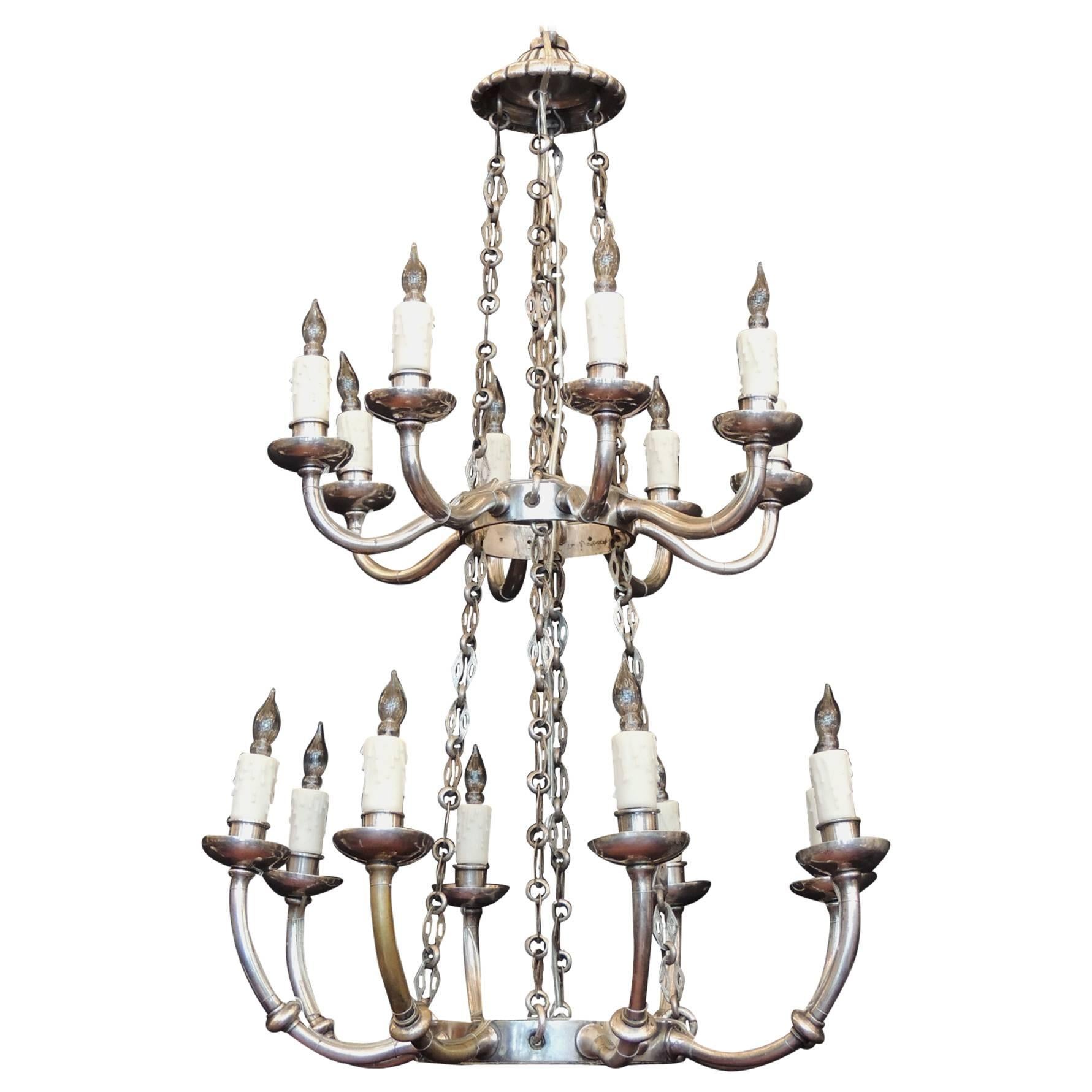 Italian Neoclassical Silver Plated Bronze Two-Tiered Chandelier For Sale