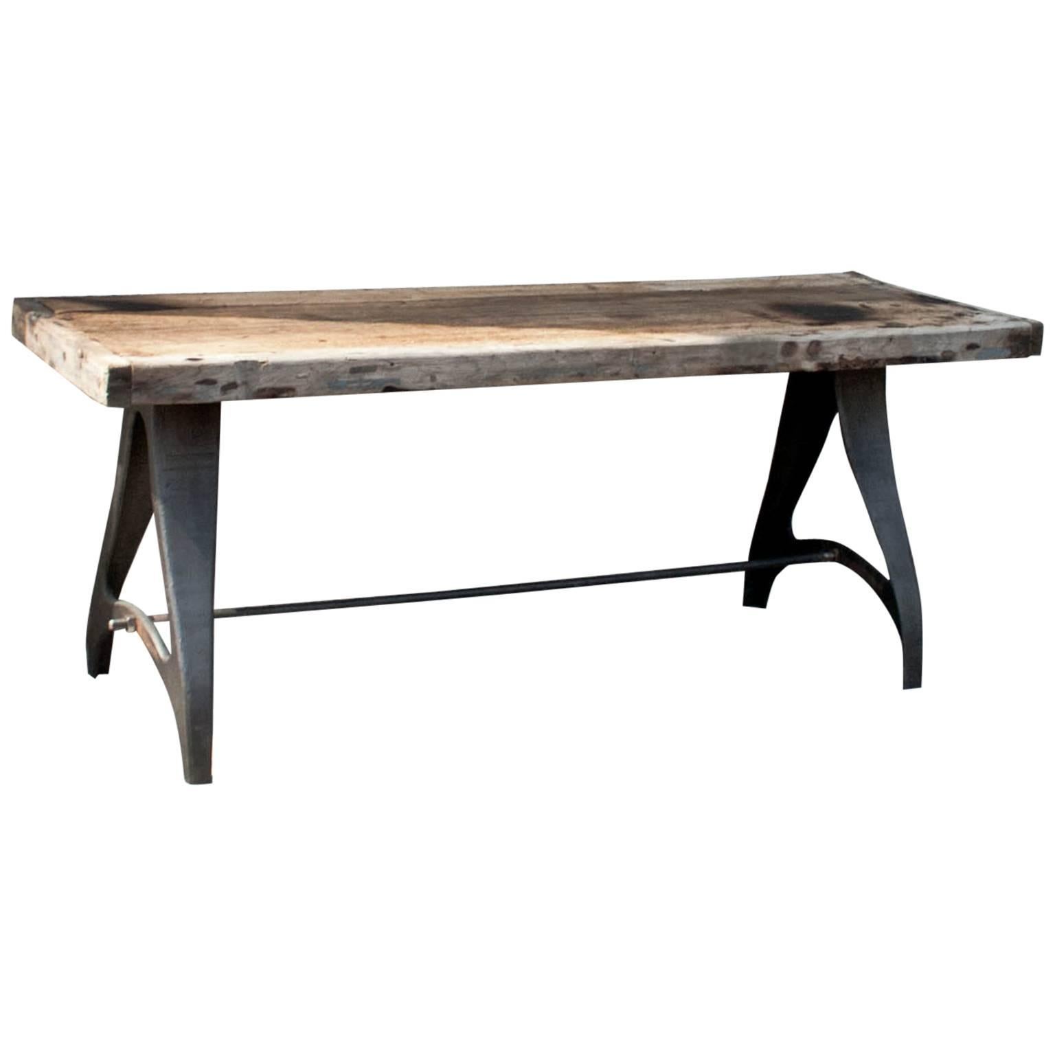 20th Century French Industrial Table in Wood with Cast Iron Base
