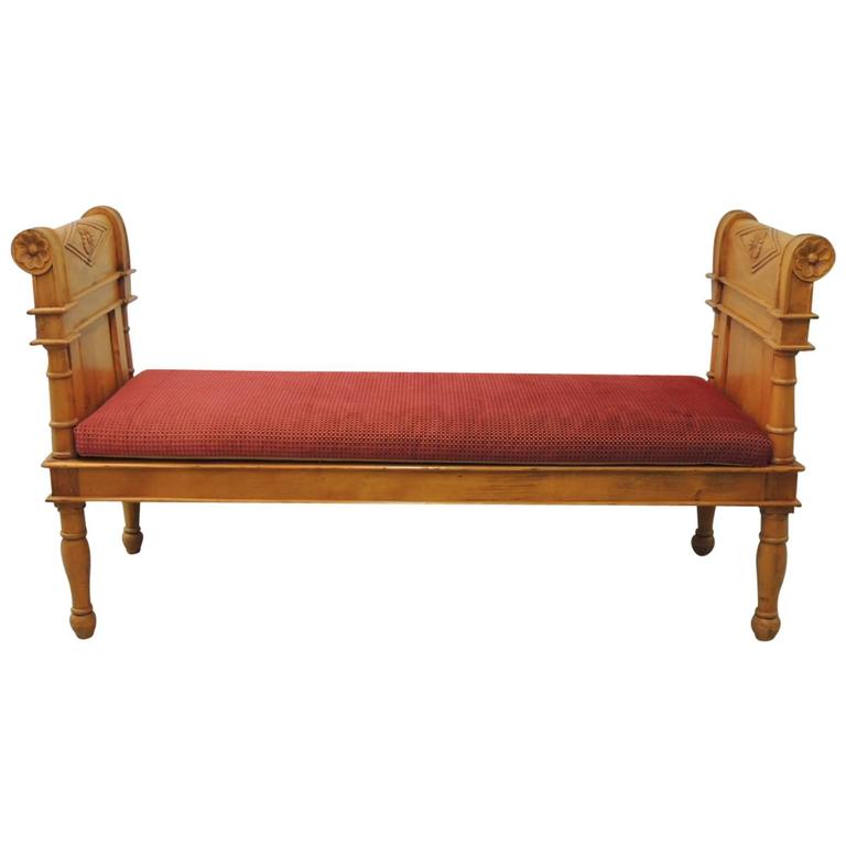 Carved Pinewood Bench with Velvet Cushion at 1stdibs