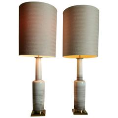 Pair of Architectural Beige and Grey Crackle Glazed Ceramic Lamps by Stiffel