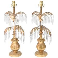 Pair of Gilt Metal Palm Lamps Decorated with Crystals