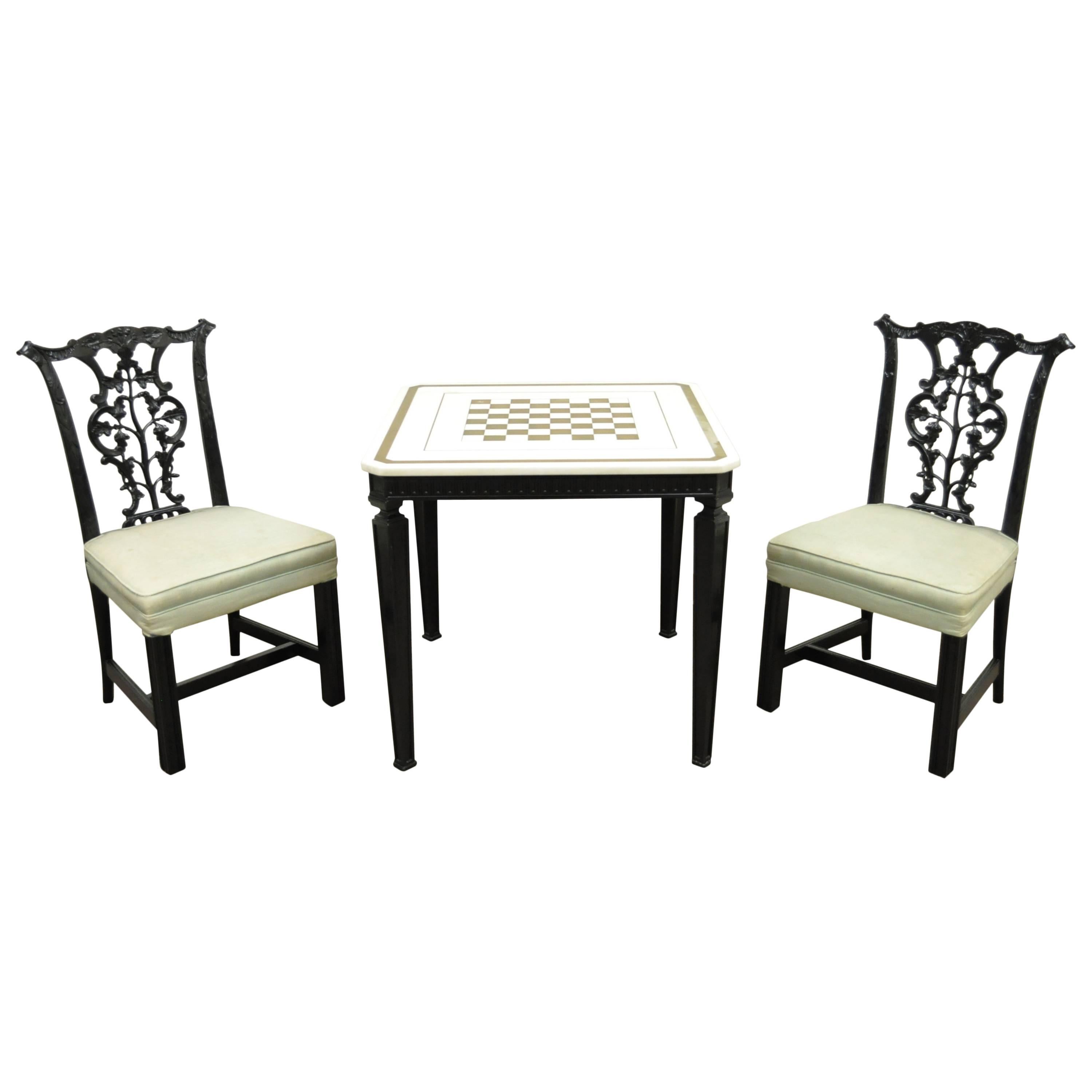1940s Chippendale or George III Style Marble-Top Game Table Set with Two Chairs