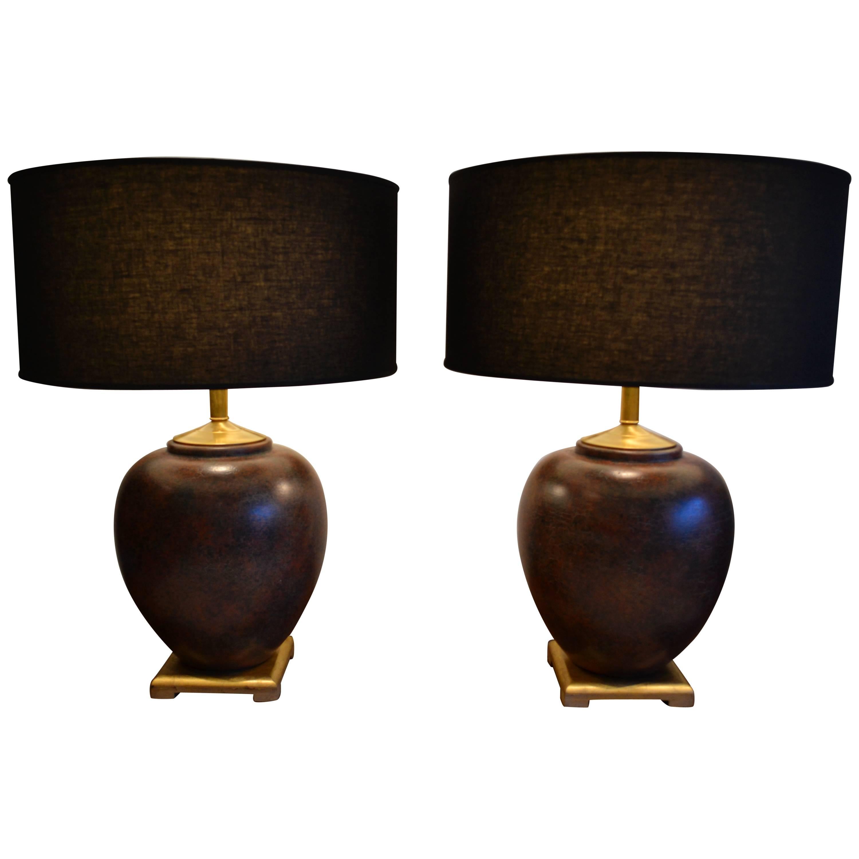 Pair of Huge Asian Ceramic Ginger Jar Table Lamps in the Style of James Mont