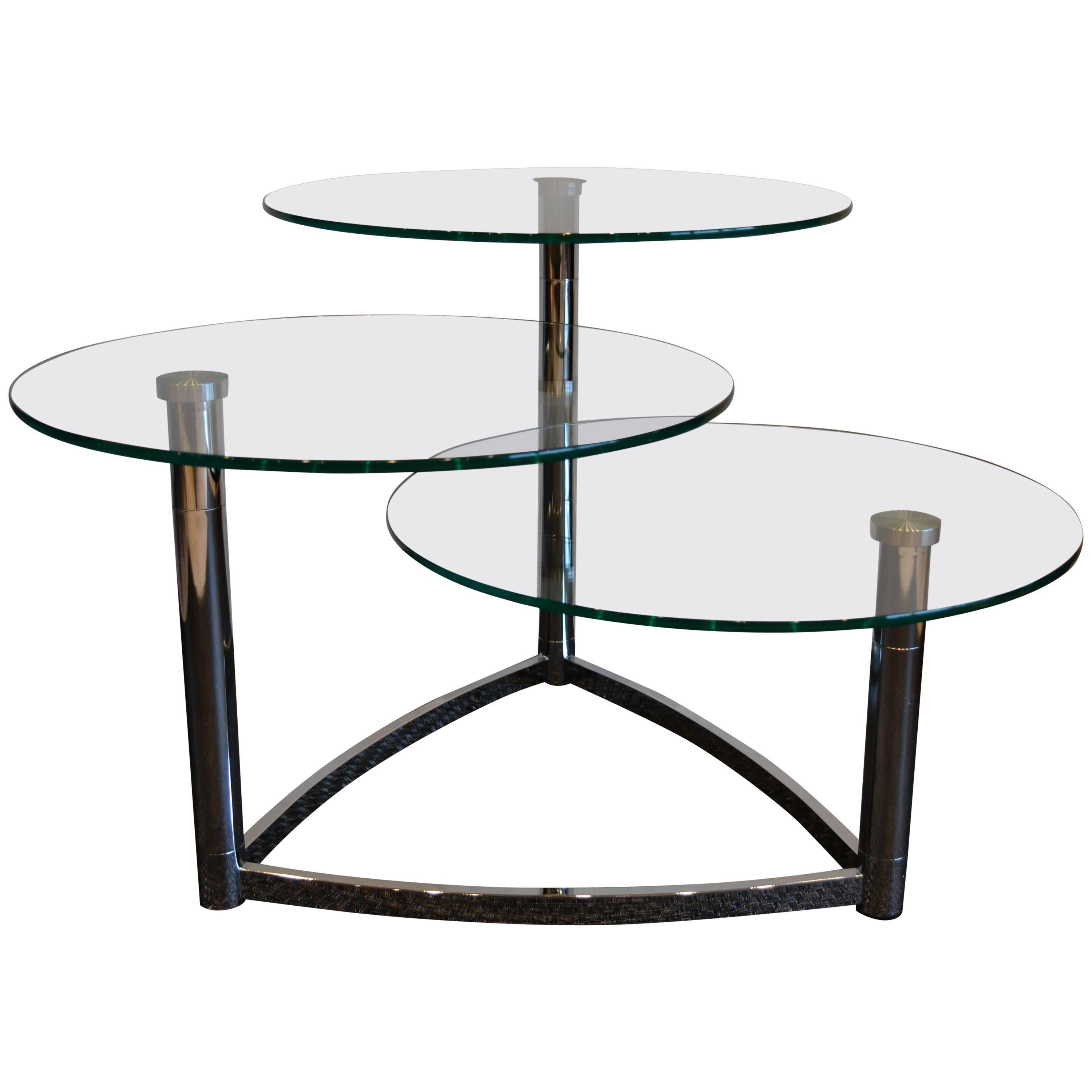 Modern Chrome and Round Glass Three-Tier Coffee Table