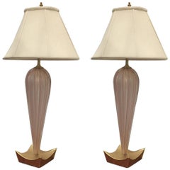 Pair of Italian Mid-Century  Pink Murano Glass Table Lamps