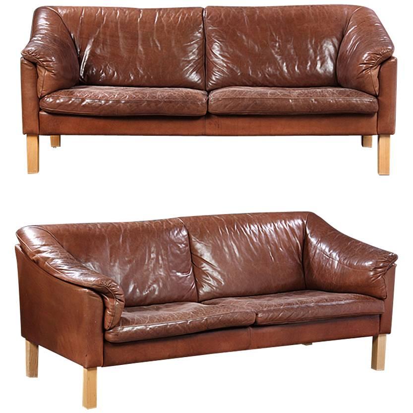 Pair of Danish 1960s-1970s Leather Upholstered Loveseats For Sale