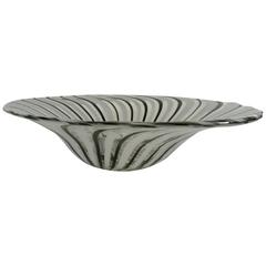 Midcentury Murano Glass Black and White Latticino Striped Bowl