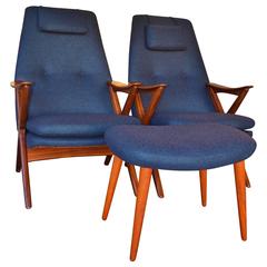Pair of Scandinavian Teak Frame Scissor Lounge Chairs and Ottoman