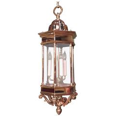 English Brass Hanging Hall Light with Nicely Formed Brass Work on Base