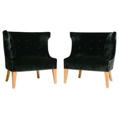 Pair of Barrel Back Black Velvet Club Chairs