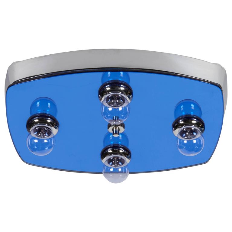 Italian 1970s Blue Mirror Ceiling Mount Fixture by Raleari of Milan at