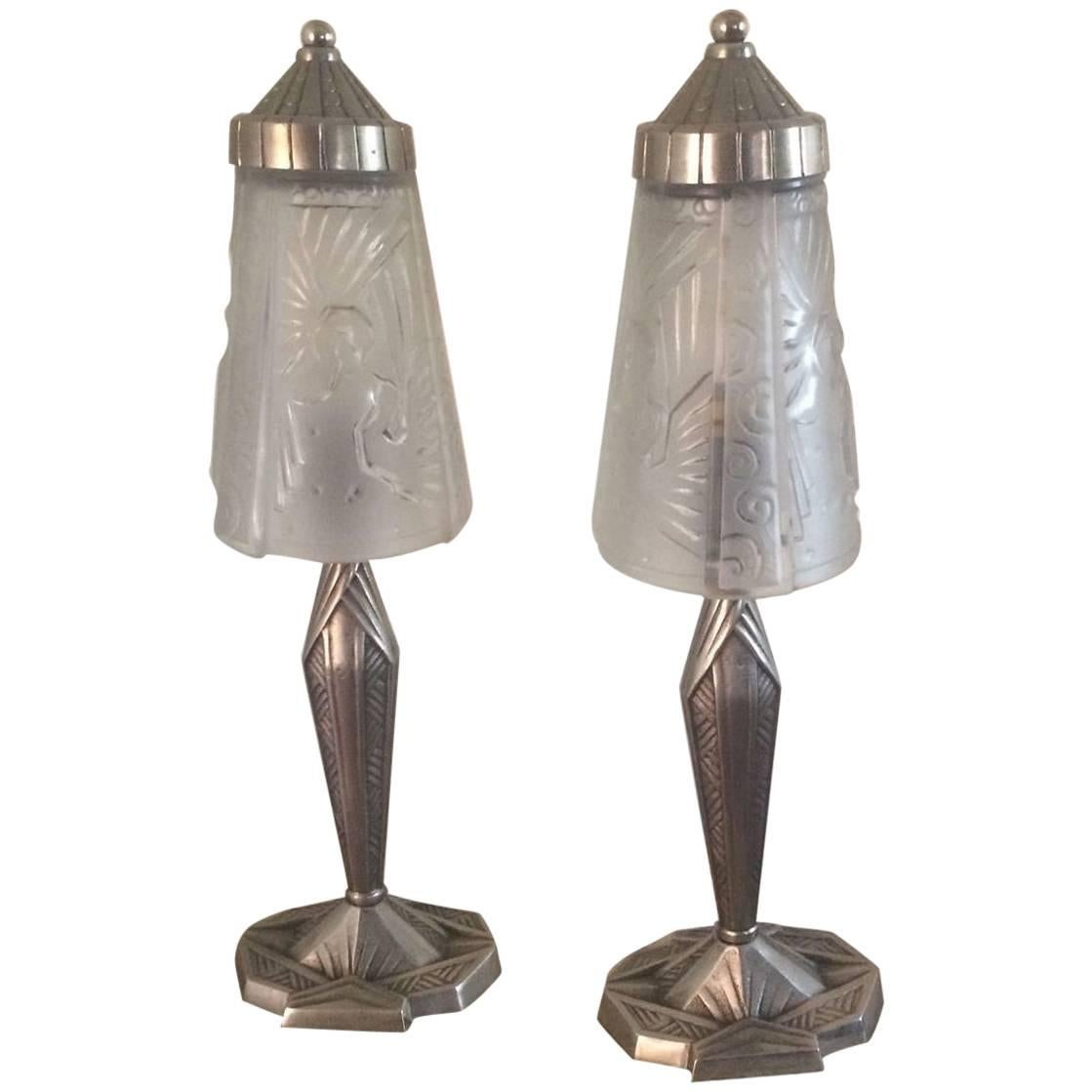 Rare Pair of Art Deco French Muller Fres Bedside Lamps 