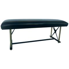 Brass and Black Metal Bench with Leather Upholstery