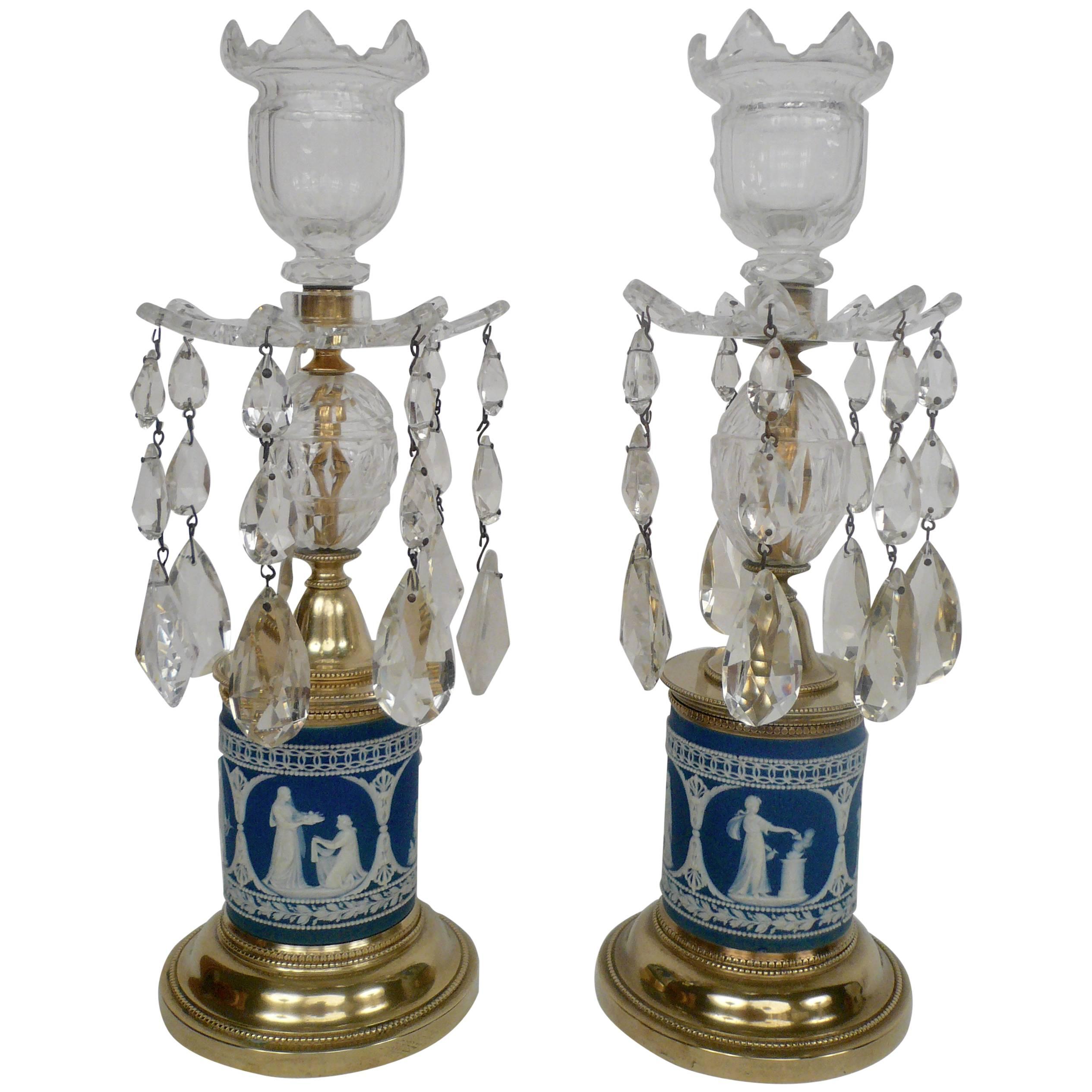 Pair of 19th Century George III Style Jasperware Candlesticks For Sale
