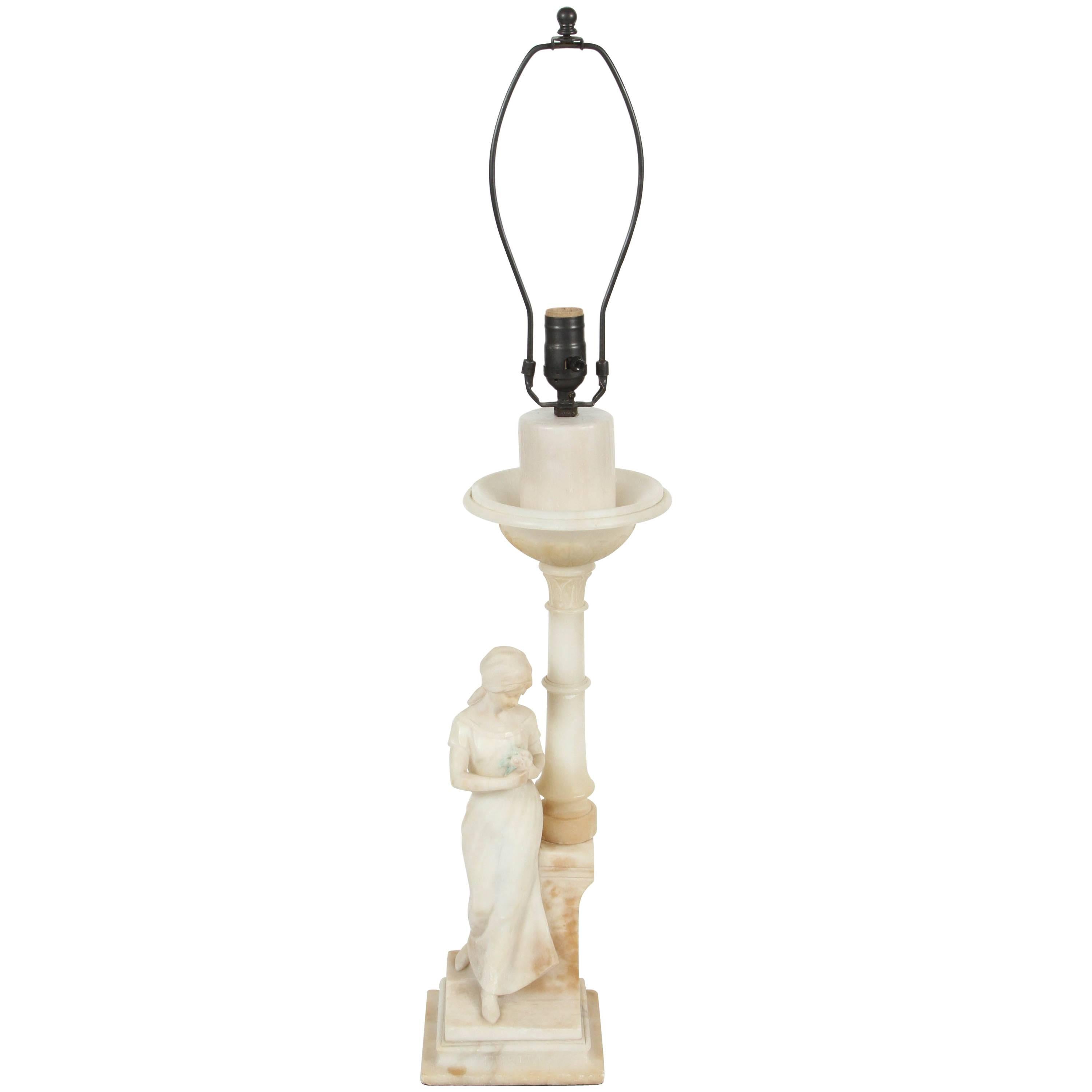 Vintage marble lamp with lady figure base new silk shade and newly wired.