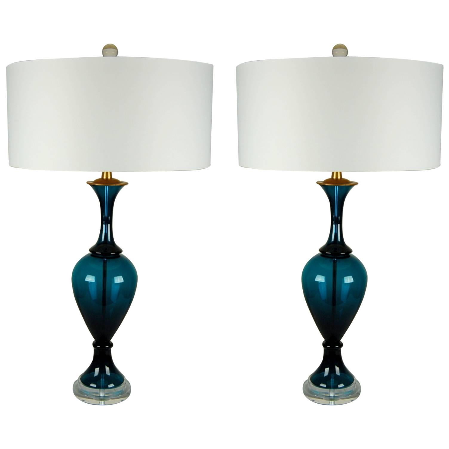 Matched Pair of Vintage Murano Lamps by Marbro in Teal