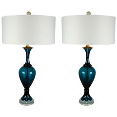Matched Pair of Vintage Murano Lamps by Marbro in Teal