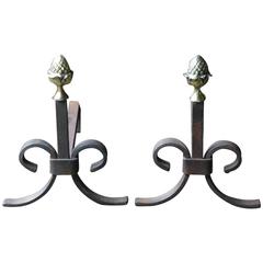 Vintage Wrought Iron and Polished Brass Andirons, Firedogs