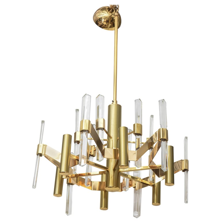 Gold-Plated Brass and Crystal Chandelier by Gaetano Sciolari For Sale