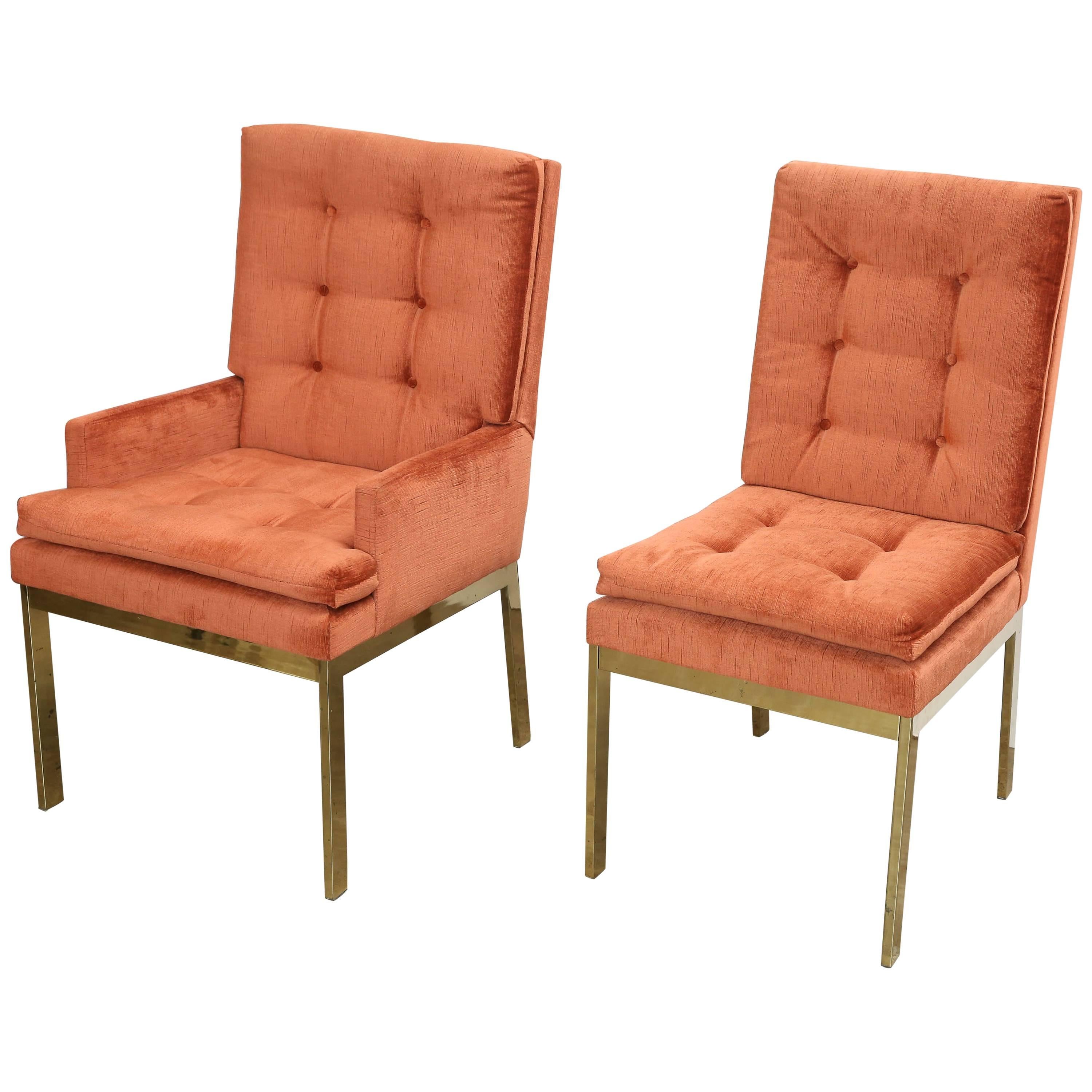 Set of Six Brass Orange Velvet Chenille Dining Chairs by Milo Baughman for DIA