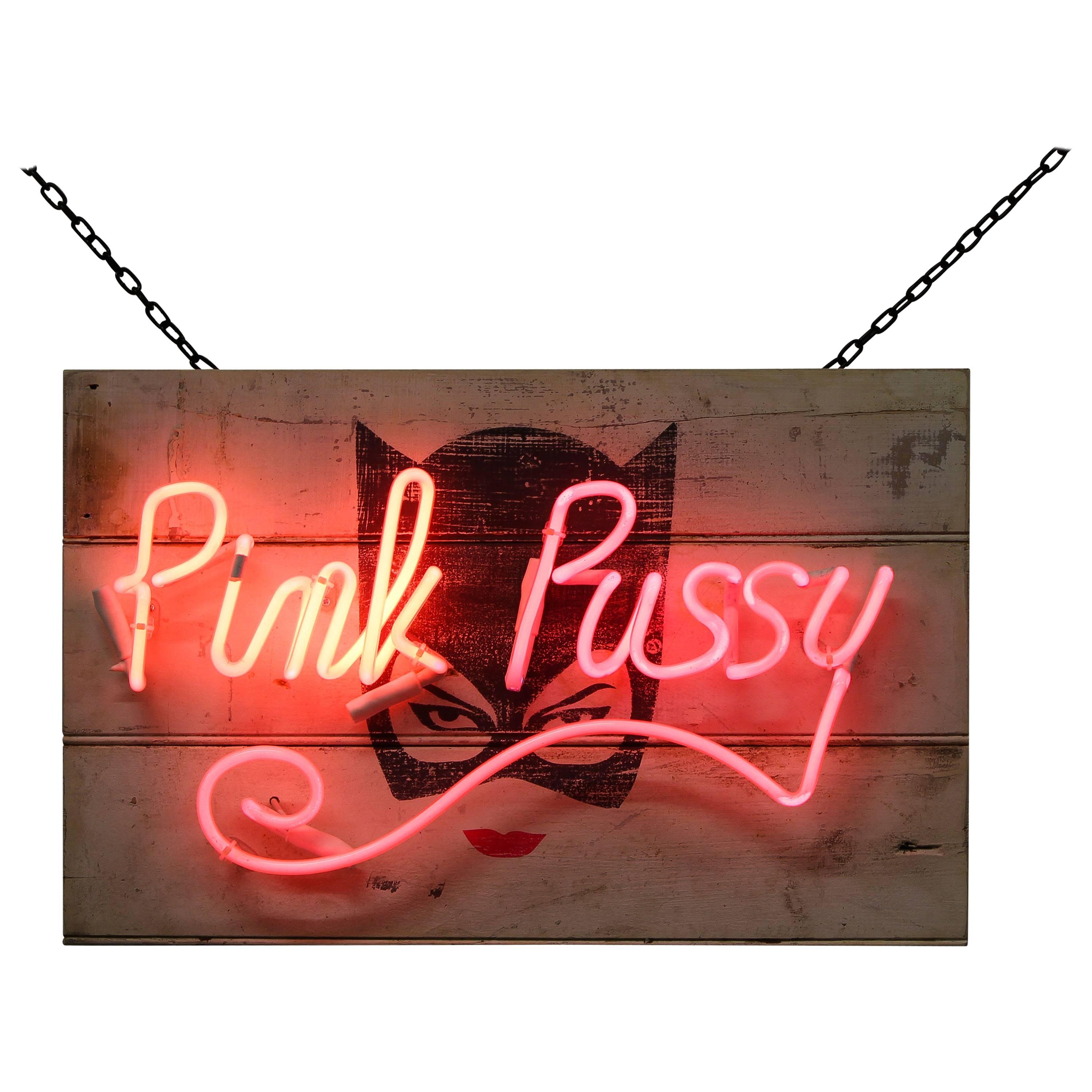 Pink Pussy Neon Sign on Hand-Painted Salvaged Wood For Sale