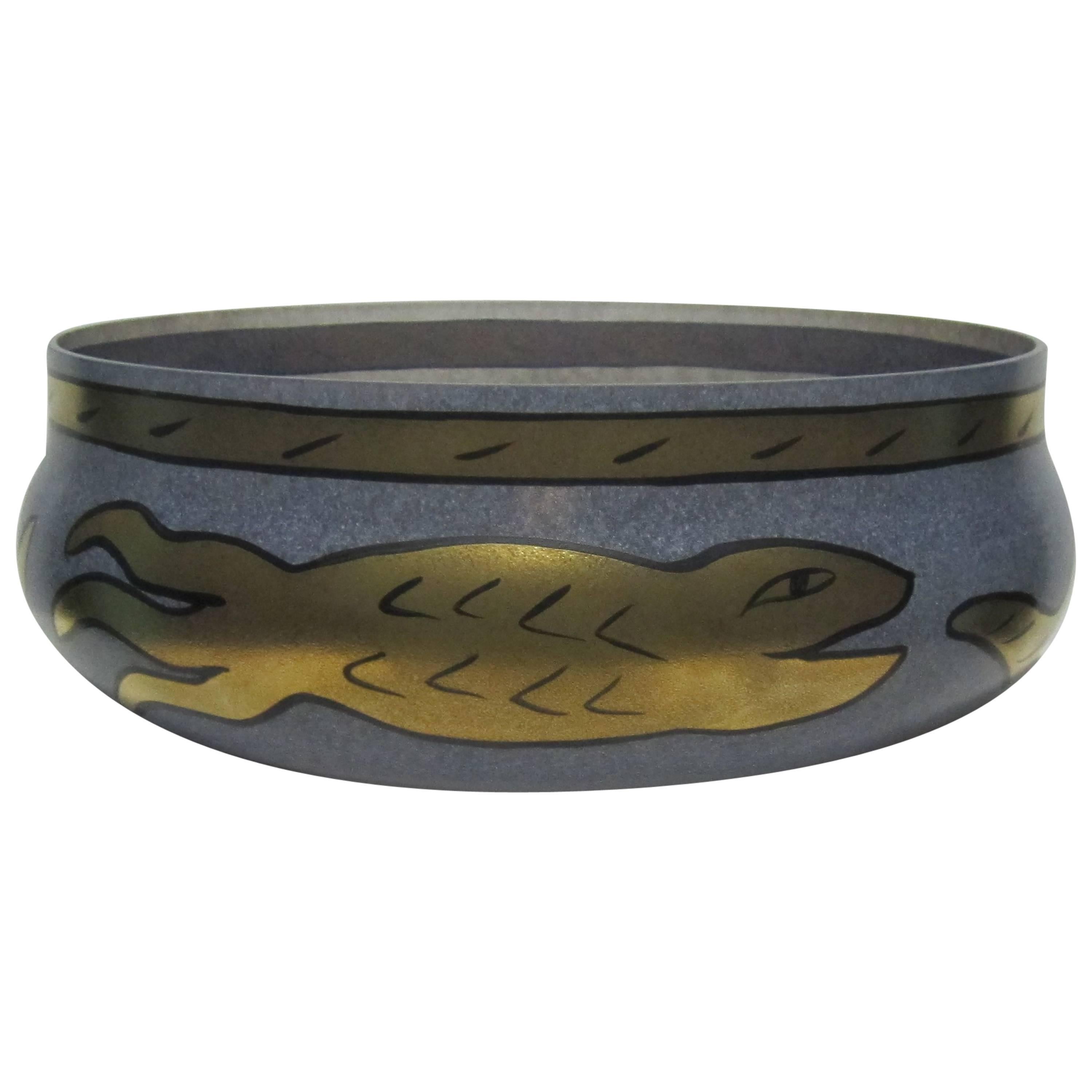Signed Scandinavian Glass Centerpiece Bowl with Gold Serpent Snake, 1990s