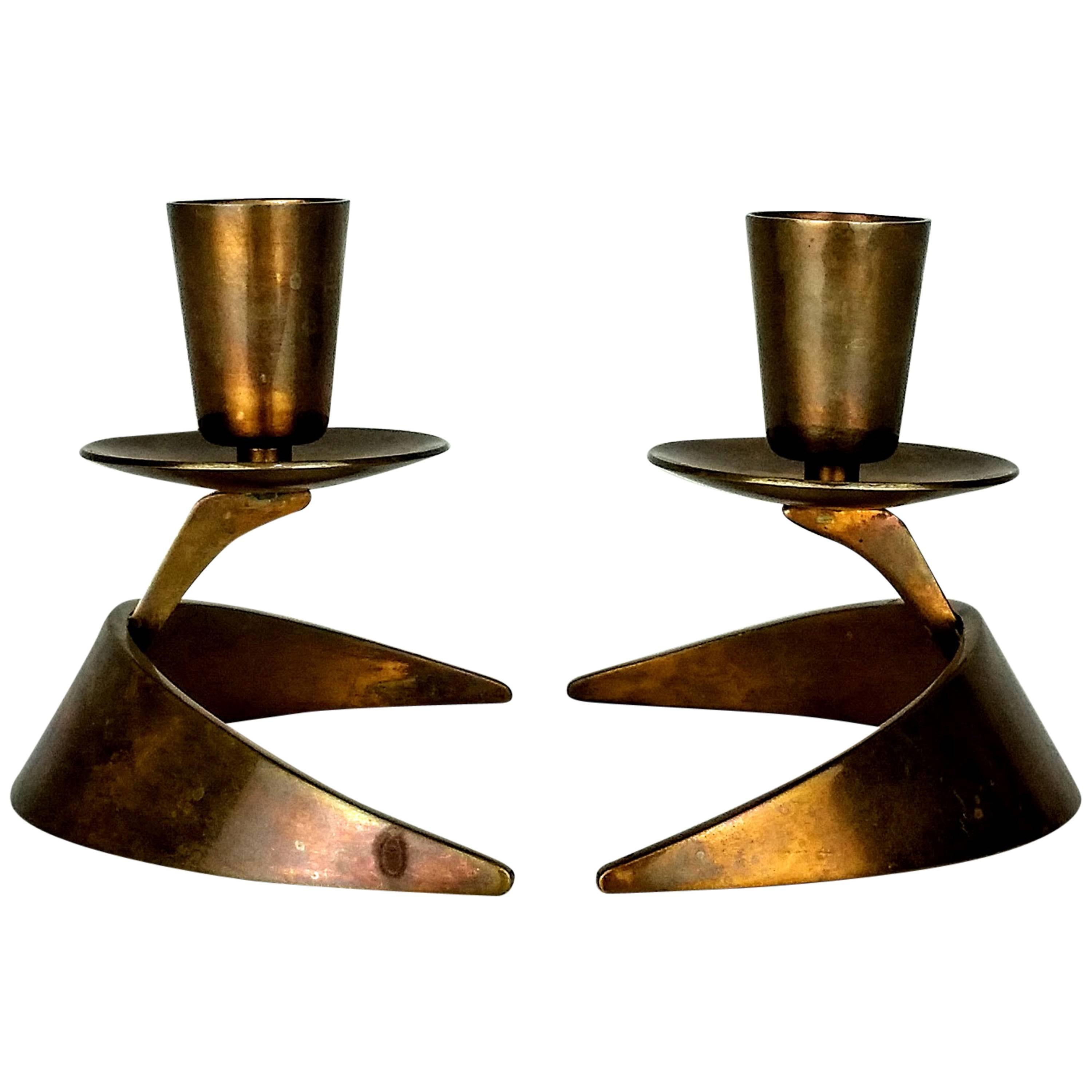 Rare Modernist Candle Holders in Solid Bronze by John Prip and Ronald Pearson
