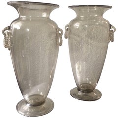 Pair of Venetian Glass Vases with Handblown Decorative Rings in Champagne