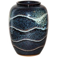Vintage Japanese Studio Vase with Controlled Waves of Flambe Glaze
