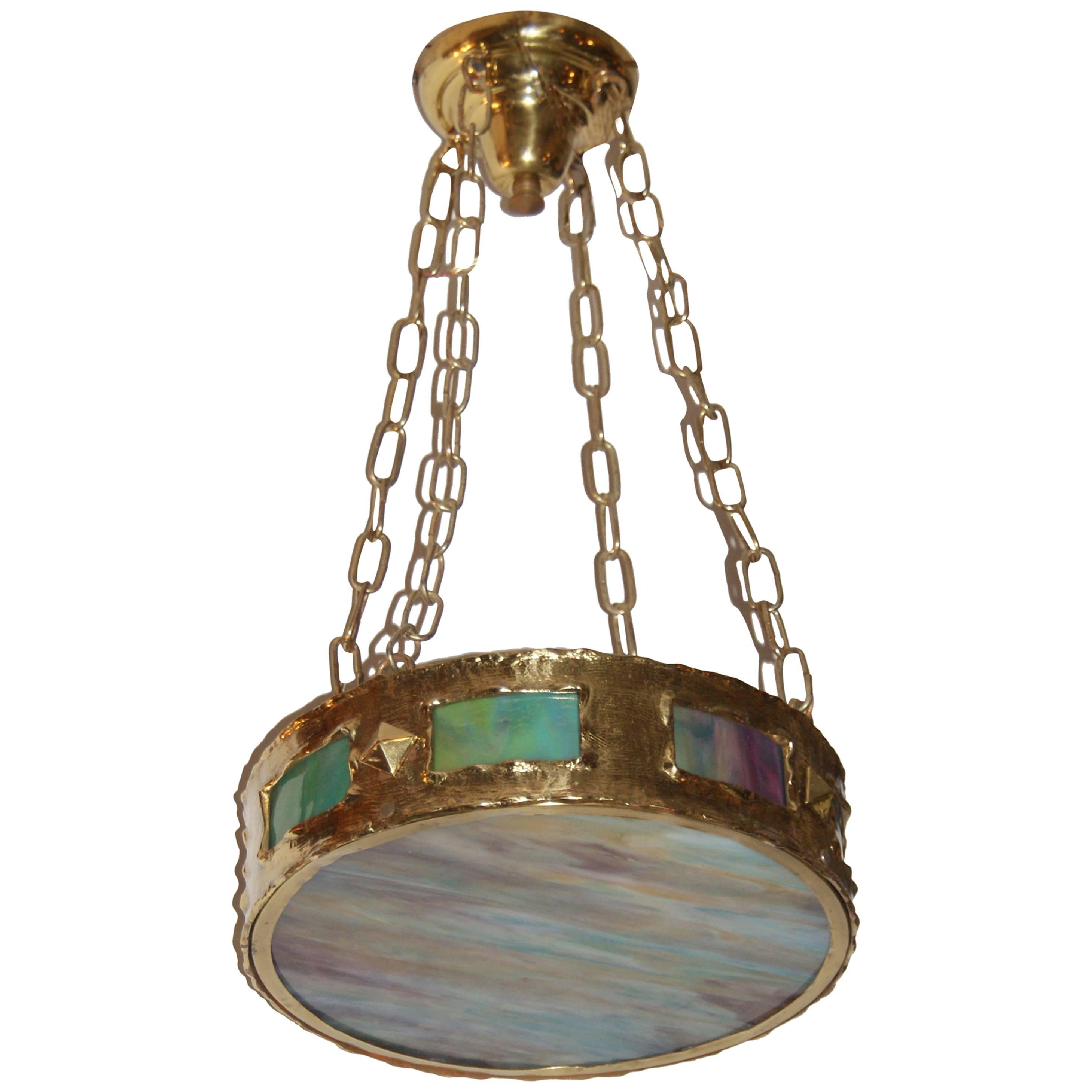 Arts and Crafts Style Plafonnier with Polychrome Glass For Sale