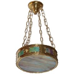 Arts and Crafts Style Plafonnier with Polychrome Glass