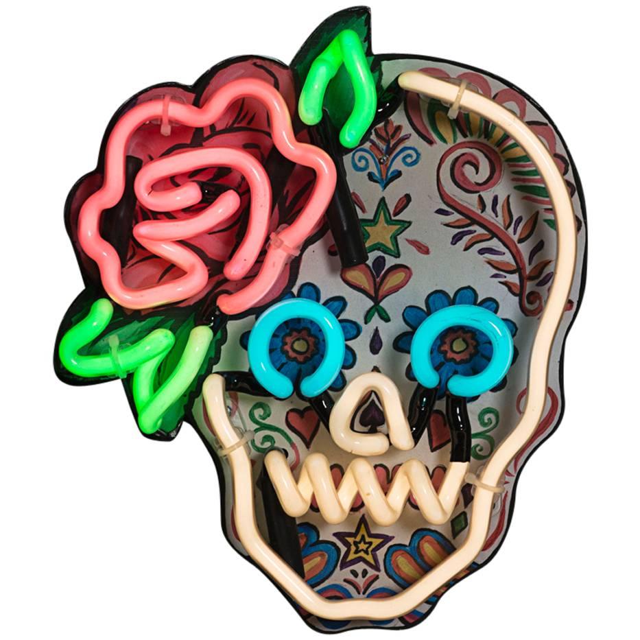 Mexican Sugar Skull with Neon Outline and Rose Detail