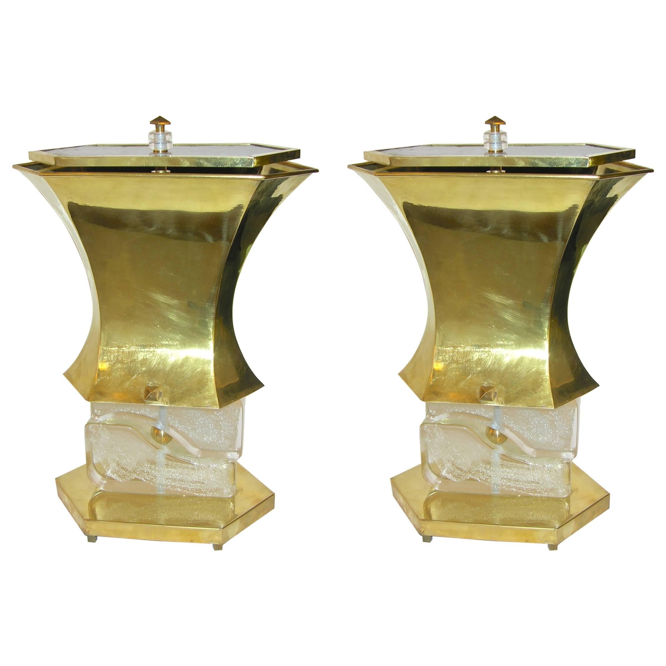 Gucci 1980s Italian Pair of Post Modern Crystal and Silve Glass Gold Brass Lamps