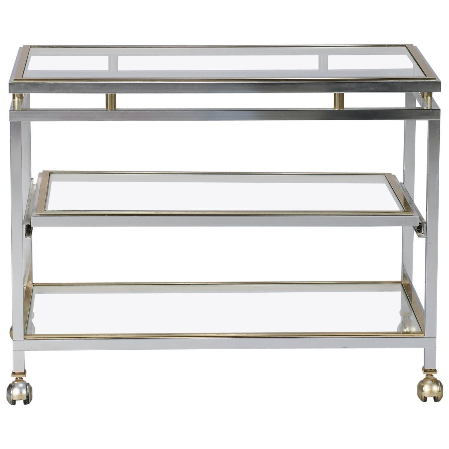 Midcentury Chrome Brass and Glass Serving Trolley in Style of Maison Jansen