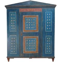 Dower or Marriage Armoire in Original Blue Paint with White Daisies, Dated 1831