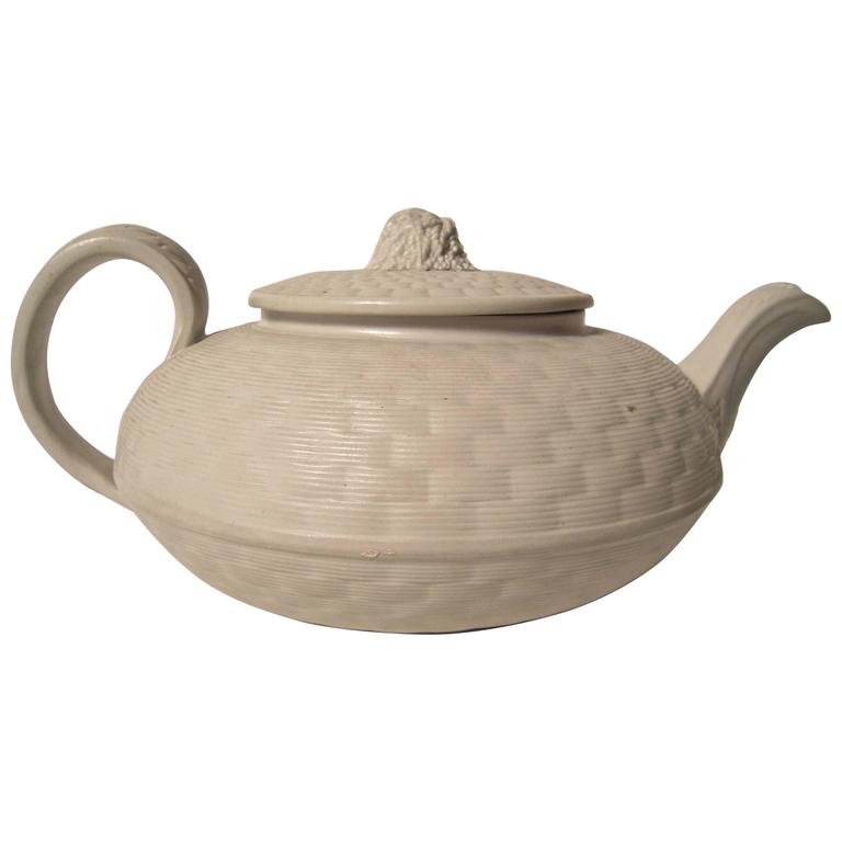 Wedgwood 19th Century Basket Weave Stoneware Tea Pot with Sheaf of