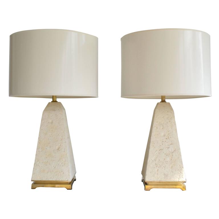 Pair of Postmodern Coral Stone Obelisk Form Table Lamps For Sale at 1stDibs