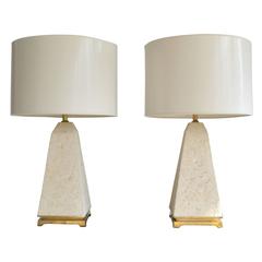 Pair of Postmodern Coral Stone Obelisk Form Table Lamps