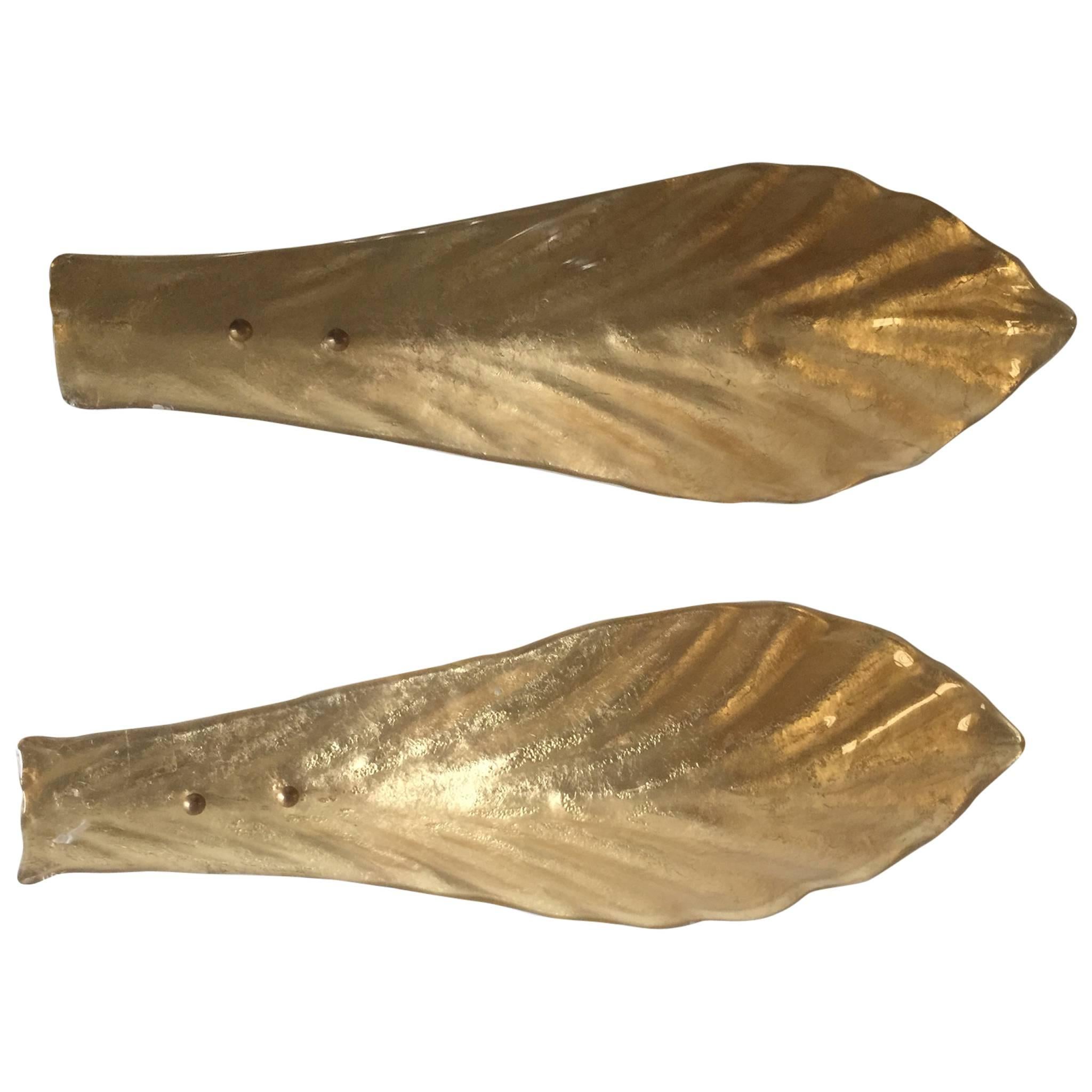 Midcentury Pair of Italian Gold Color Murano Glass Leaf Sconces For Sale